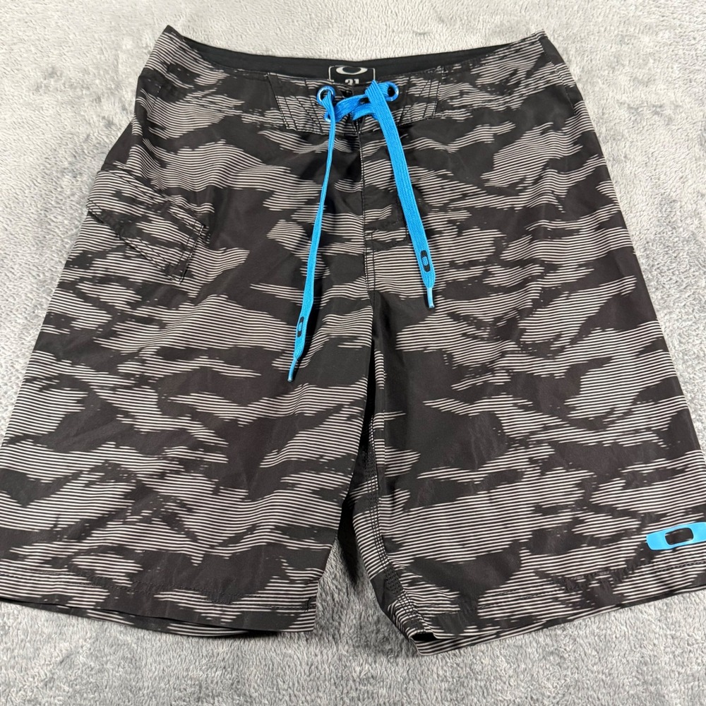 Oakley Mens Board Shorts Size 31 Black Grey Camo Print Blue Drawstring
